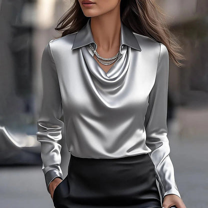 Women’s Satin Cowl-Neck Long-Sleeve Blouse
